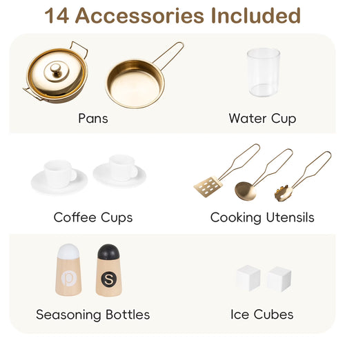 OLAKIDS Kids Kitchen Playset, Wooden Pretend Play Kitchen with Realistic Light Sound 14 Accessories, Toddler Cooking Toy for Boys Girls Aged 3+