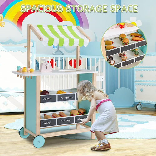 OLAKIDS Wooden Grocery Store Marketplace Toy, Supermarket Pretend Play, Extra Storage 6 Ice Creams Scales Bells Chalkboards, Fun Indoor Farmer's Market Stand Set Gift for Ages 3+