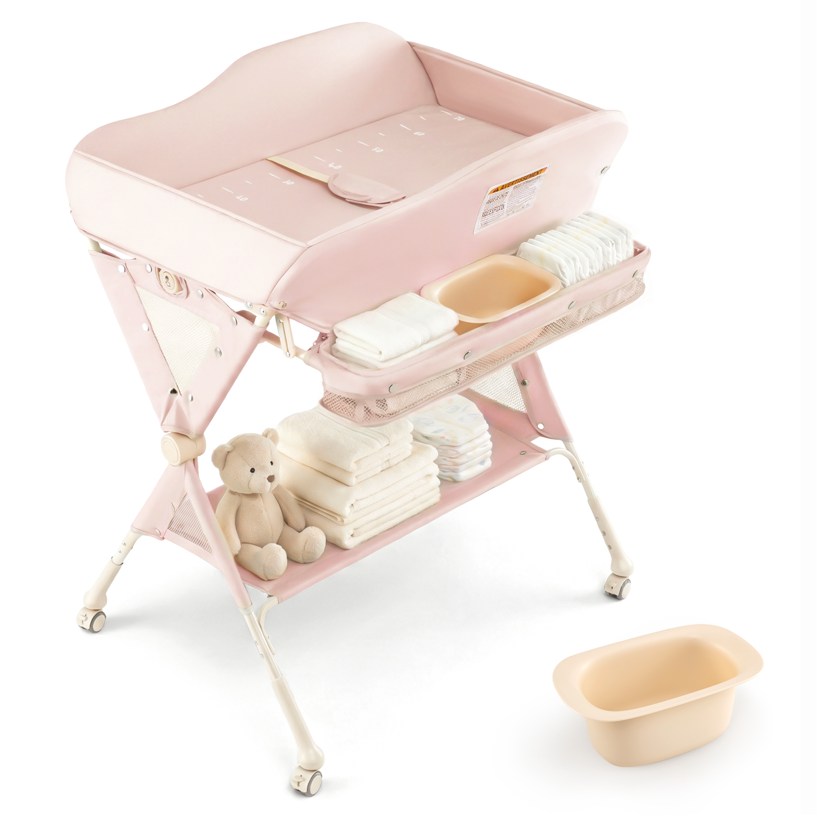 INFANS Baby Changing Table with Wheels, Portable Folding Diaper Station Nursery Organizer with Storage Basket, Hanging Rack, Adjustable Height, Safety Belt for Newborn Infant