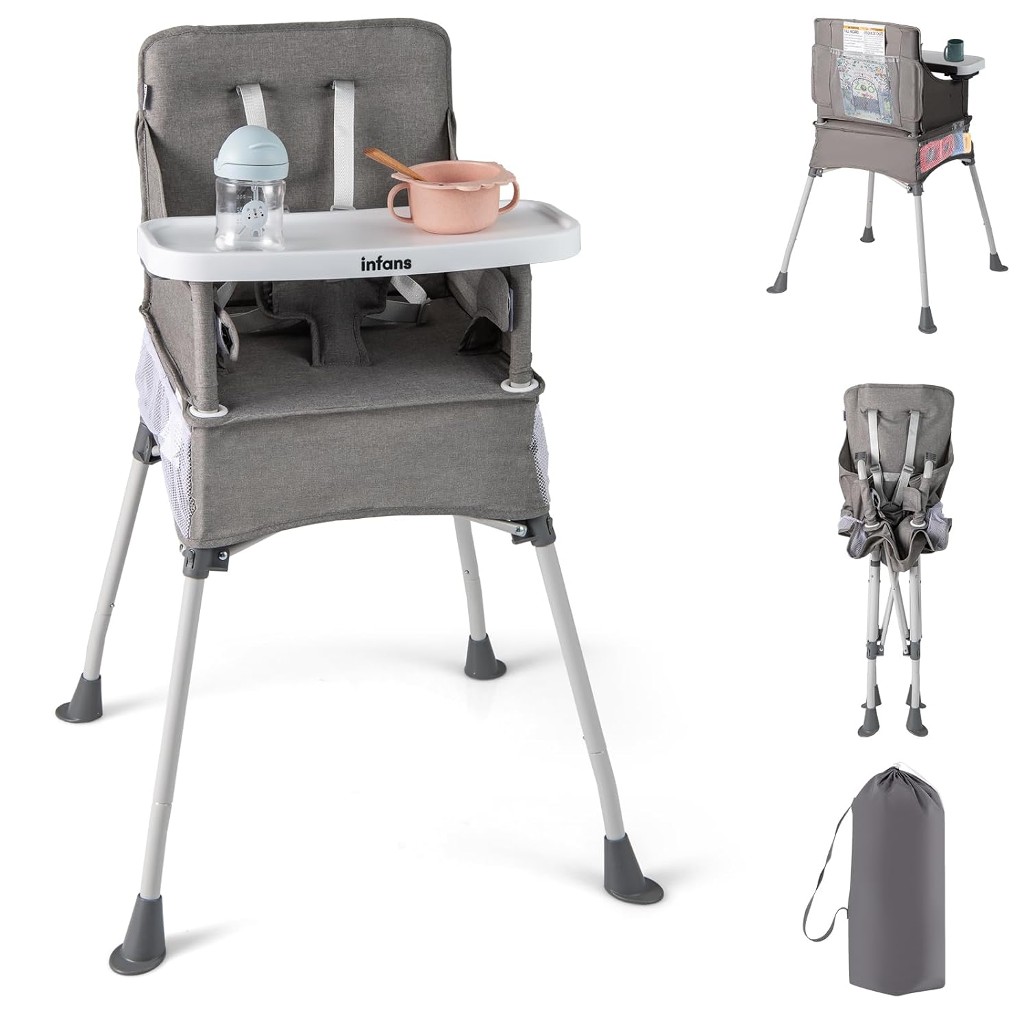 INFANS Baby High Chair, Foldable Portable Highchair for Babies and Toddlers with Travel Bag Adjustable Tray, 5 Point Harness, Compact Space Saver Infant Feeding Chair (Grey)