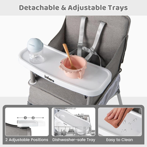 INFANS Baby High Chair, Foldable Portable Highchair for Babies and Toddlers with Travel Bag Adjustable Tray, 5 Point Harness, Compact Space Saver Infant Feeding Chair (Grey)