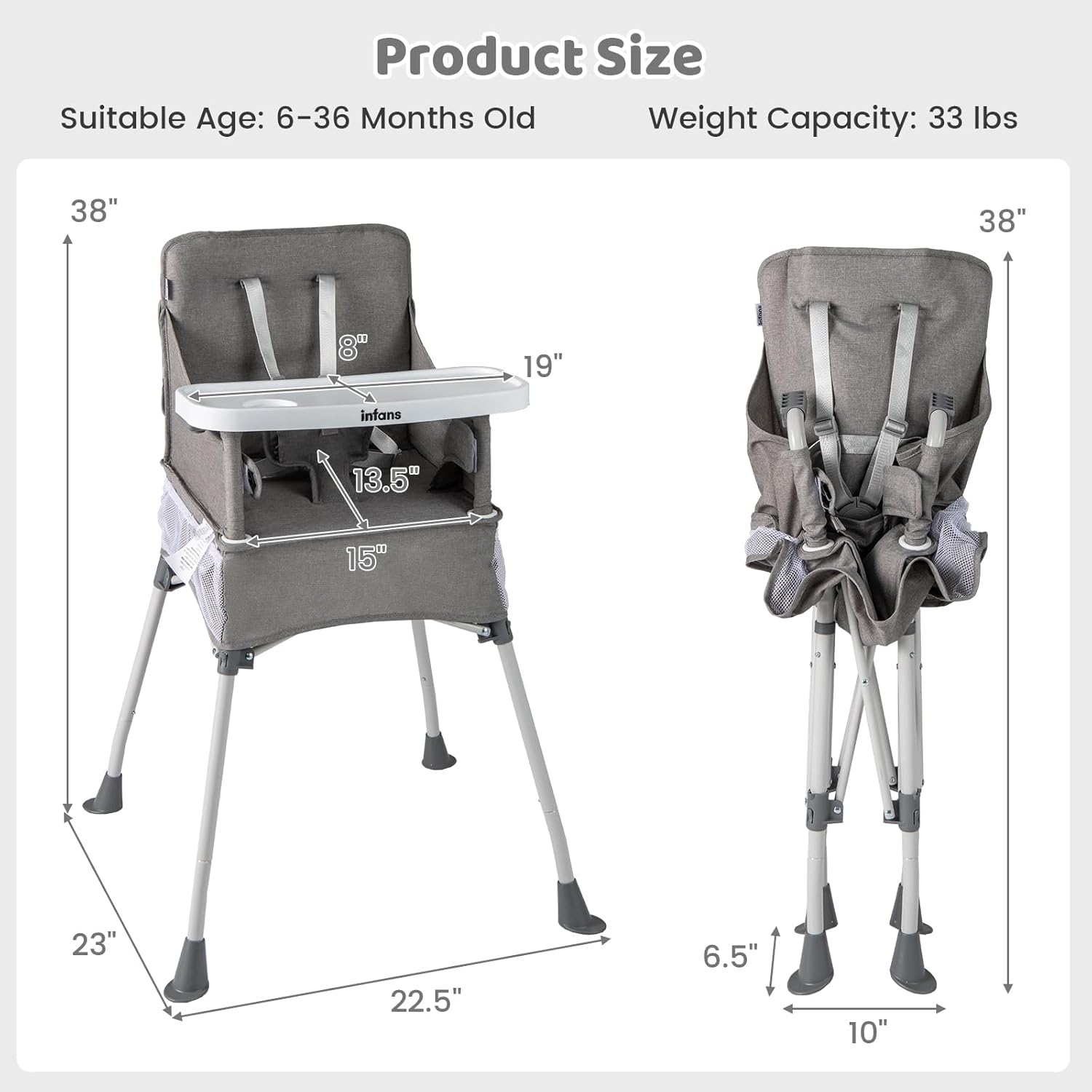 INFANS Baby High Chair, Foldable Portable Highchair for Babies and Toddlers with Travel Bag Adjustable Tray, 5 Point Harness, Compact Space Saver Infant Feeding Chair (Grey)