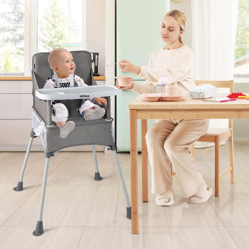INFANS Baby High Chair, Foldable Portable Highchair for Babies and Toddlers with Travel Bag Adjustable Tray, 5 Point Harness, Compact Space Saver Infant Feeding Chair (Grey)