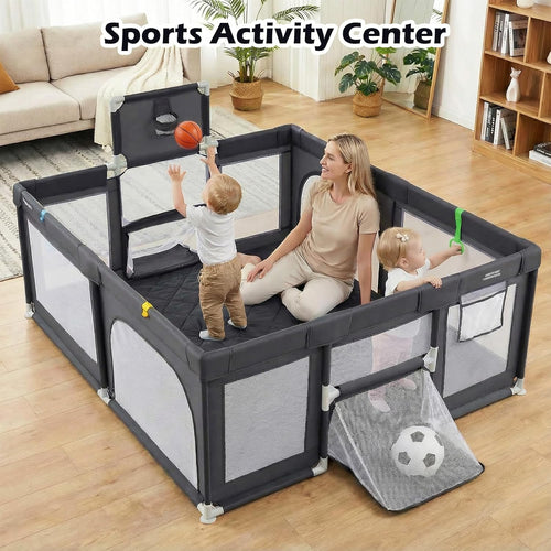 INFANS 74" x 62" Baby Playpen with Soft Mat, Basketball Hoop, 2 Soccer Goals, 4 Handles & 50 Ocean Balls, Breathable Mesh, Indoor & Outdoor Large Play Yard for Toddlers
