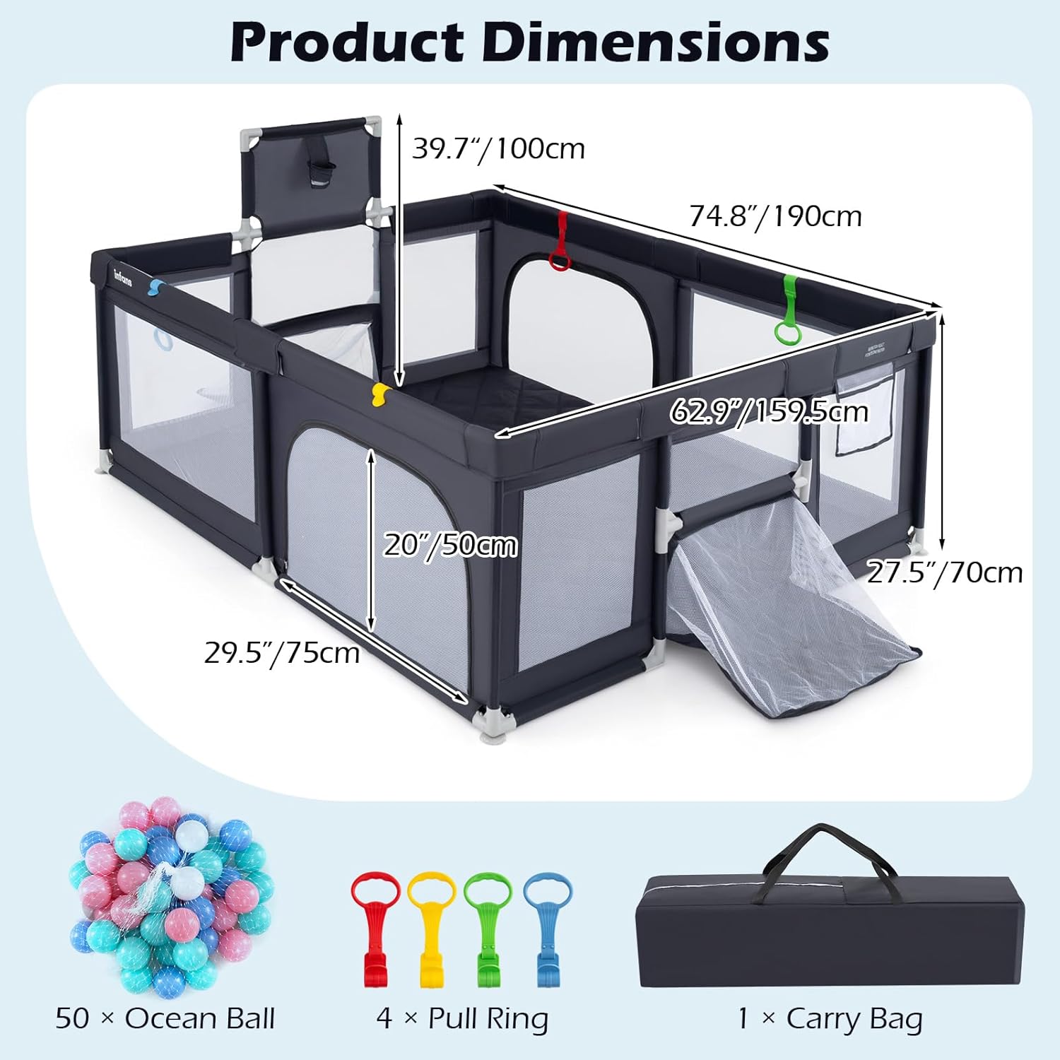 INFANS 74" x 62" Baby Playpen with Soft Mat, Basketball Hoop, 2 Soccer Goals, 4 Handles & 50 Ocean Balls, Breathable Mesh, Indoor & Outdoor Large Play Yard for Toddlers