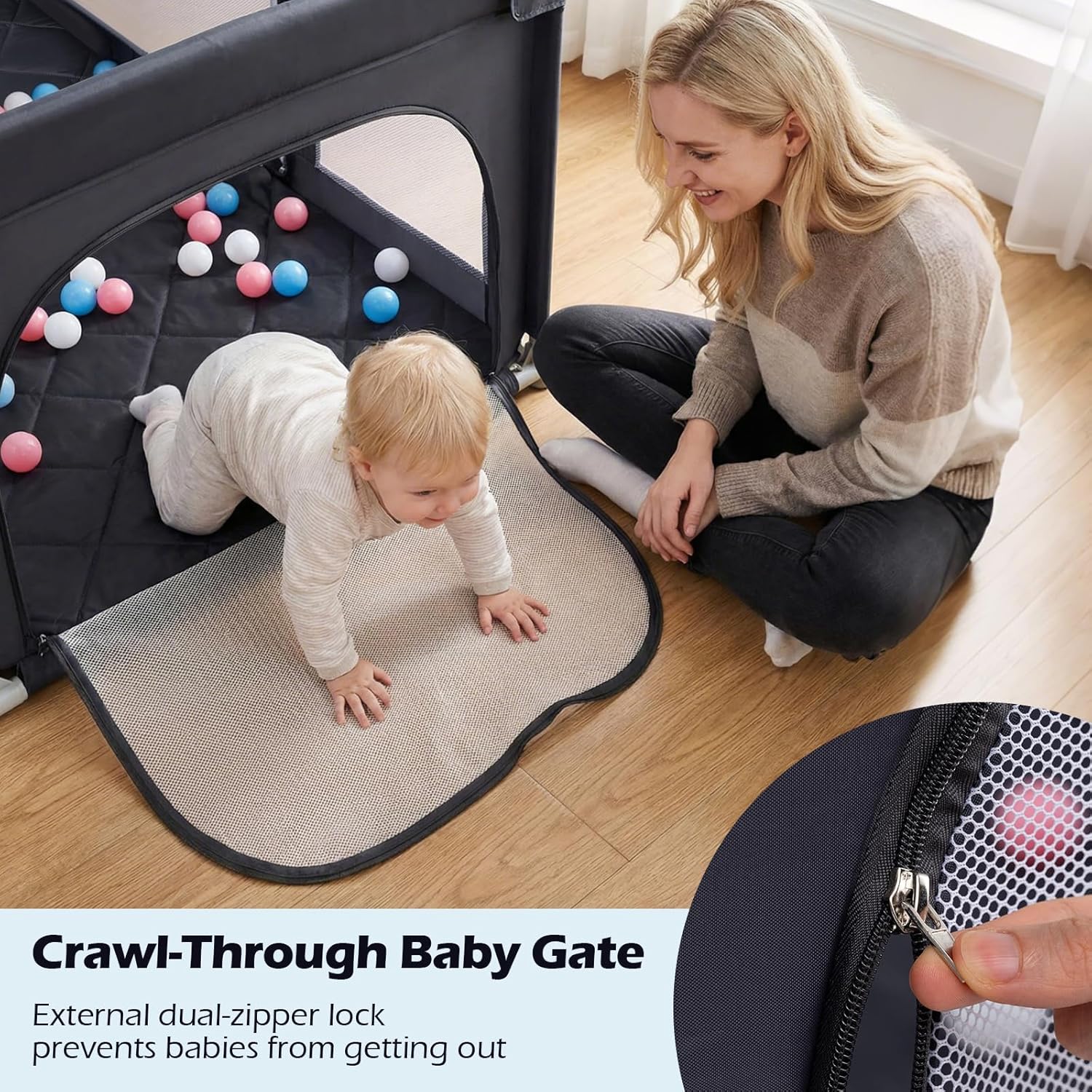 INFANS 74" x 62" Baby Playpen with Soft Mat, Basketball Hoop, 2 Soccer Goals, 4 Handles & 50 Ocean Balls, Breathable Mesh, Indoor & Outdoor Large Play Yard for Toddlers