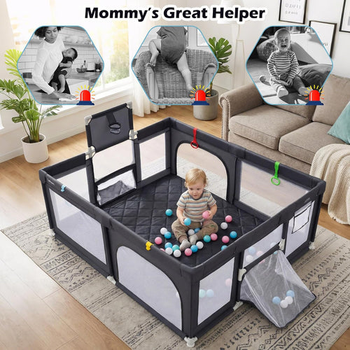 INFANS 74" x 62" Baby Playpen with Soft Mat, Basketball Hoop, 2 Soccer Goals, 4 Handles & 50 Ocean Balls, Breathable Mesh, Indoor & Outdoor Large Play Yard for Toddlers