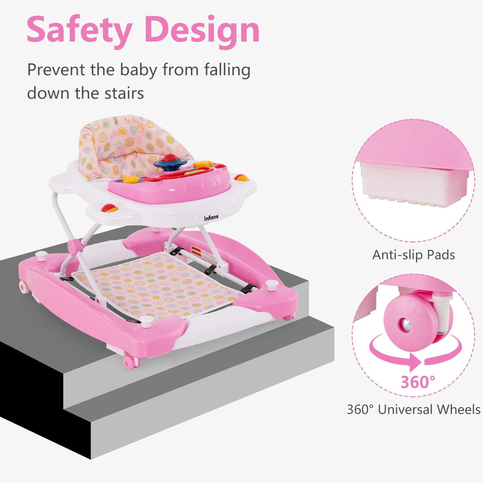 INFANS Baby Walker, 5 in 1 Behind Walker Learning Seated Rocker Bouncer with Removable Music Tray, Adjustable Height
