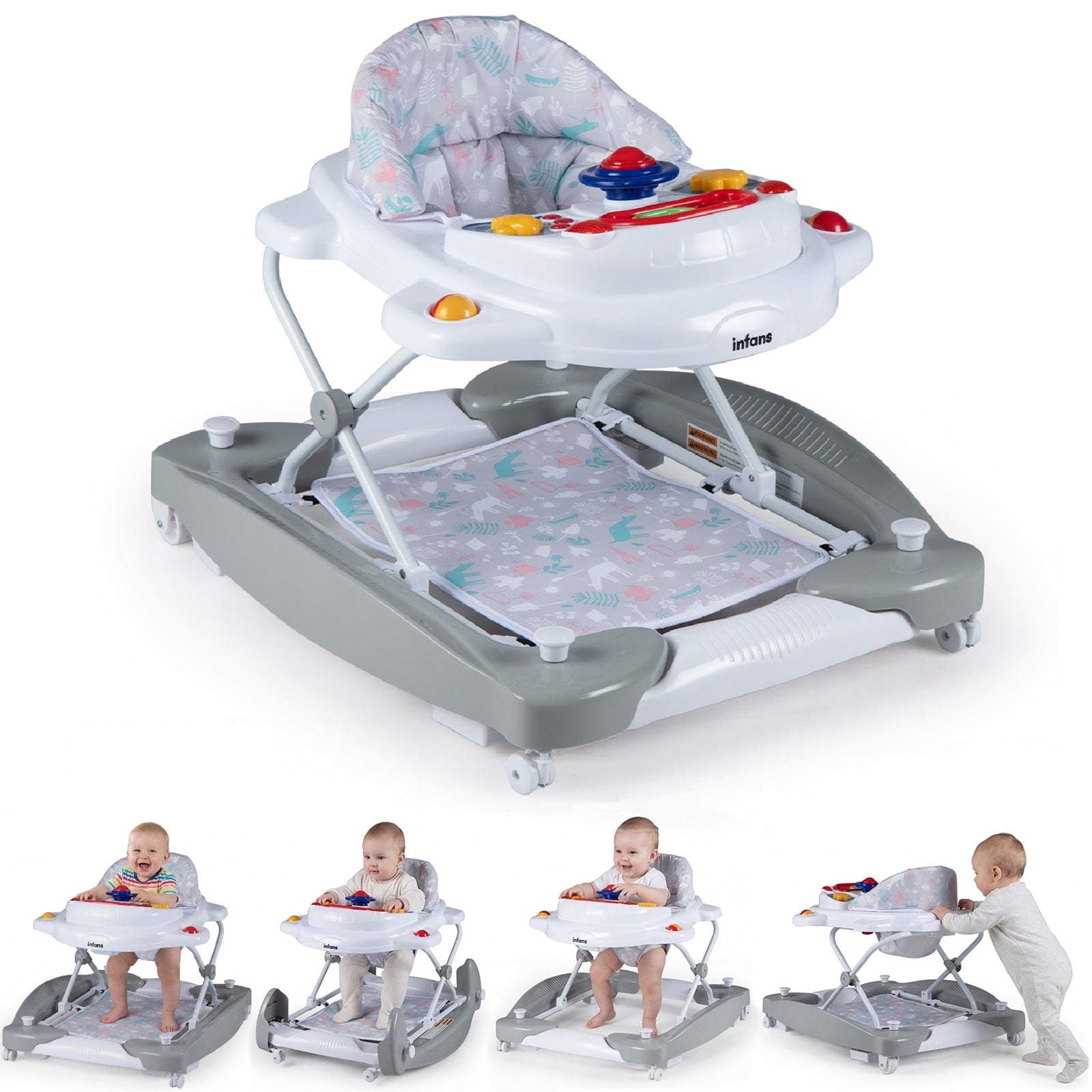 INFANS Baby Walker, 5 in 1 Behind Walker Learning Seated Rocker Bouncer with Removable Music Tray, Adjustable Height