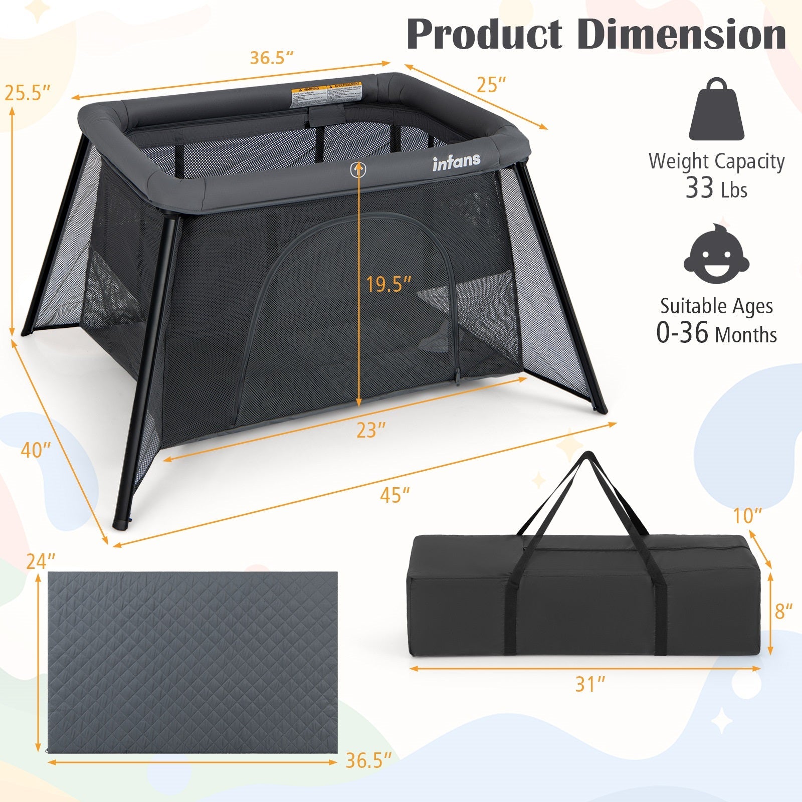 INFANS Travel Crib, Portable Baby Playpen with Removable Bassinet Soft Mattress, Foldable Lightweight Playard Nursery Center
