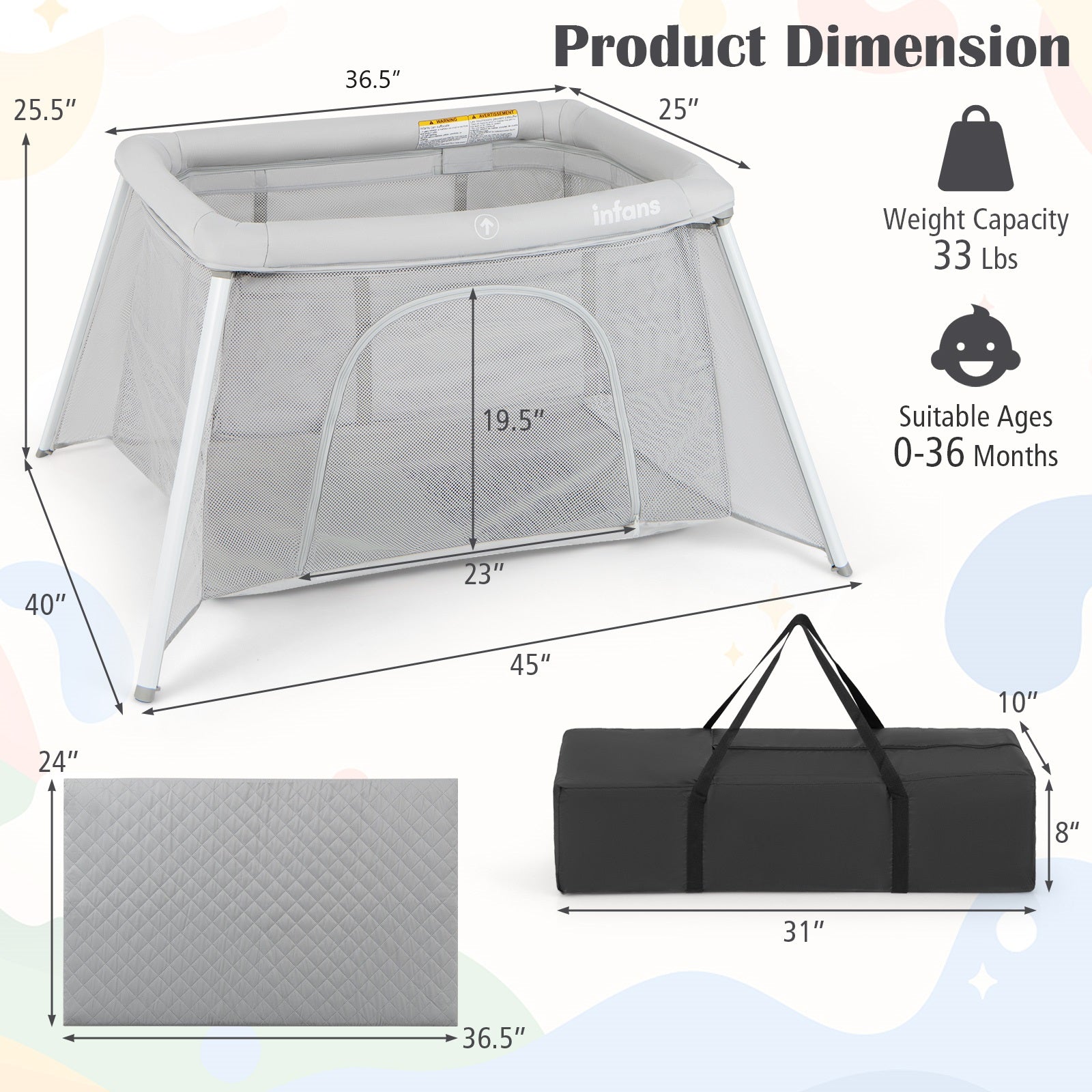 INFANS Travel Crib, Portable Baby Playpen with Removable Bassinet Soft Mattress, Foldable Lightweight Playard Nursery Center