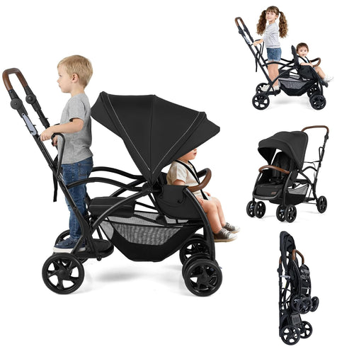INFANS Double Stroller with Leather Handle, Front Seat 2-Position Recline, Baby Pushchair for Toddlers