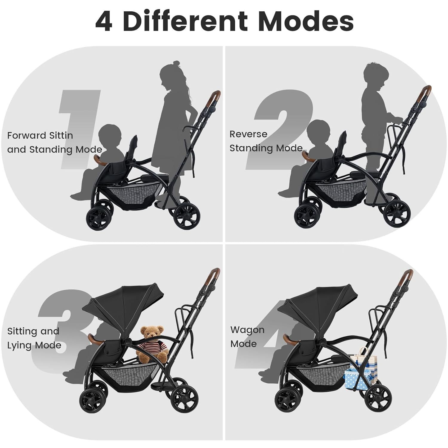 INFANS Double Stroller with Leather Handle, Front Seat 2-Position Recline, Baby Pushchair for Toddlers