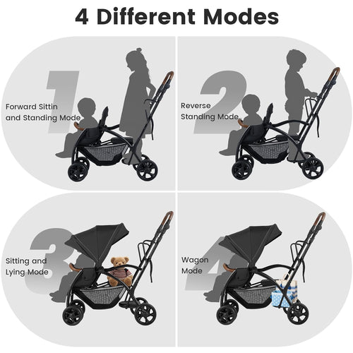 INFANS Double Stroller with Leather Handle, Front Seat 2-Position Recline, Baby Pushchair for Toddlers
