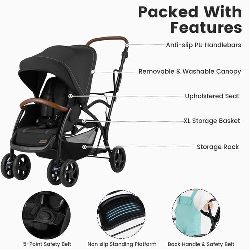 INFANS Double Stroller with Leather Handle, Front Seat 2-Position Recline, Baby Pushchair for Toddlers