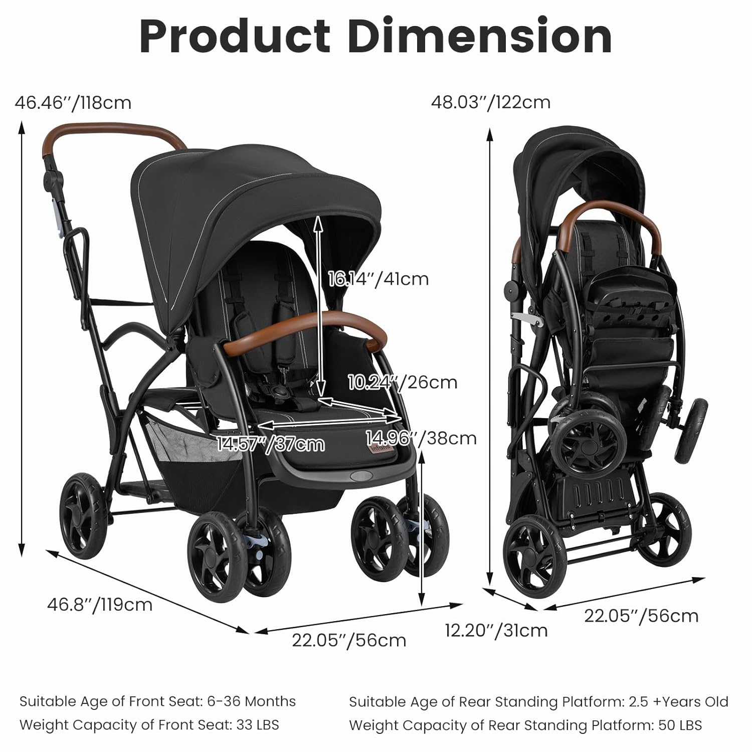 INFANS Double Stroller with Leather Handle, Front Seat 2-Position Recline, Baby Pushchair for Toddlers