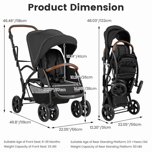 INFANS Double Stroller with Leather Handle, Front Seat 2-Position Recline, Baby Pushchair for Toddlers