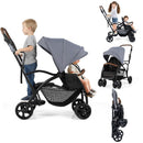 INFANS Double Stroller with Leather Handle, Front Seat 2-Position Recline, Baby Pushchair for Toddlers