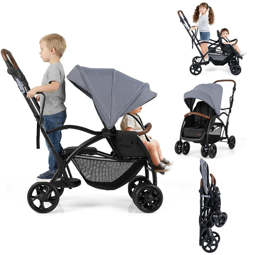 INFANS Double Stroller with Leather Handle, Front Seat 2-Position Recline, Baby Pushchair for Toddlers