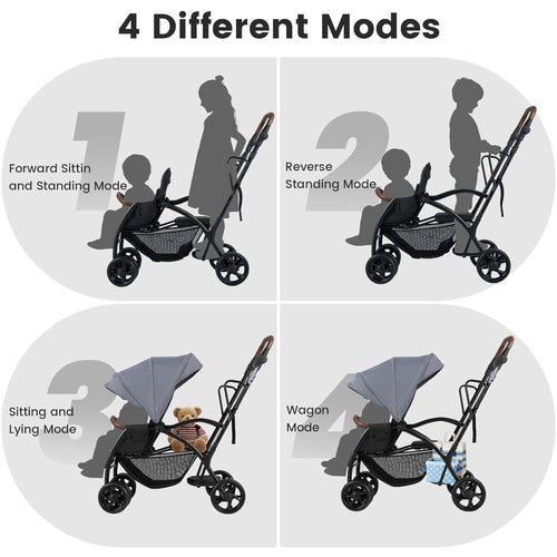 INFANS Double Stroller with Leather Handle, Front Seat 2-Position Recline, Baby Pushchair for Toddlers
