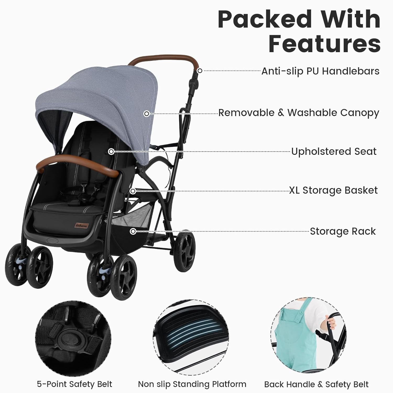 INFANS Double Stroller with Leather Handle, Front Seat 2-Position Recline, Baby Pushchair for Toddlers