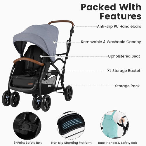 INFANS Double Stroller with Leather Handle, Front Seat 2-Position Recline, Baby Pushchair for Toddlers