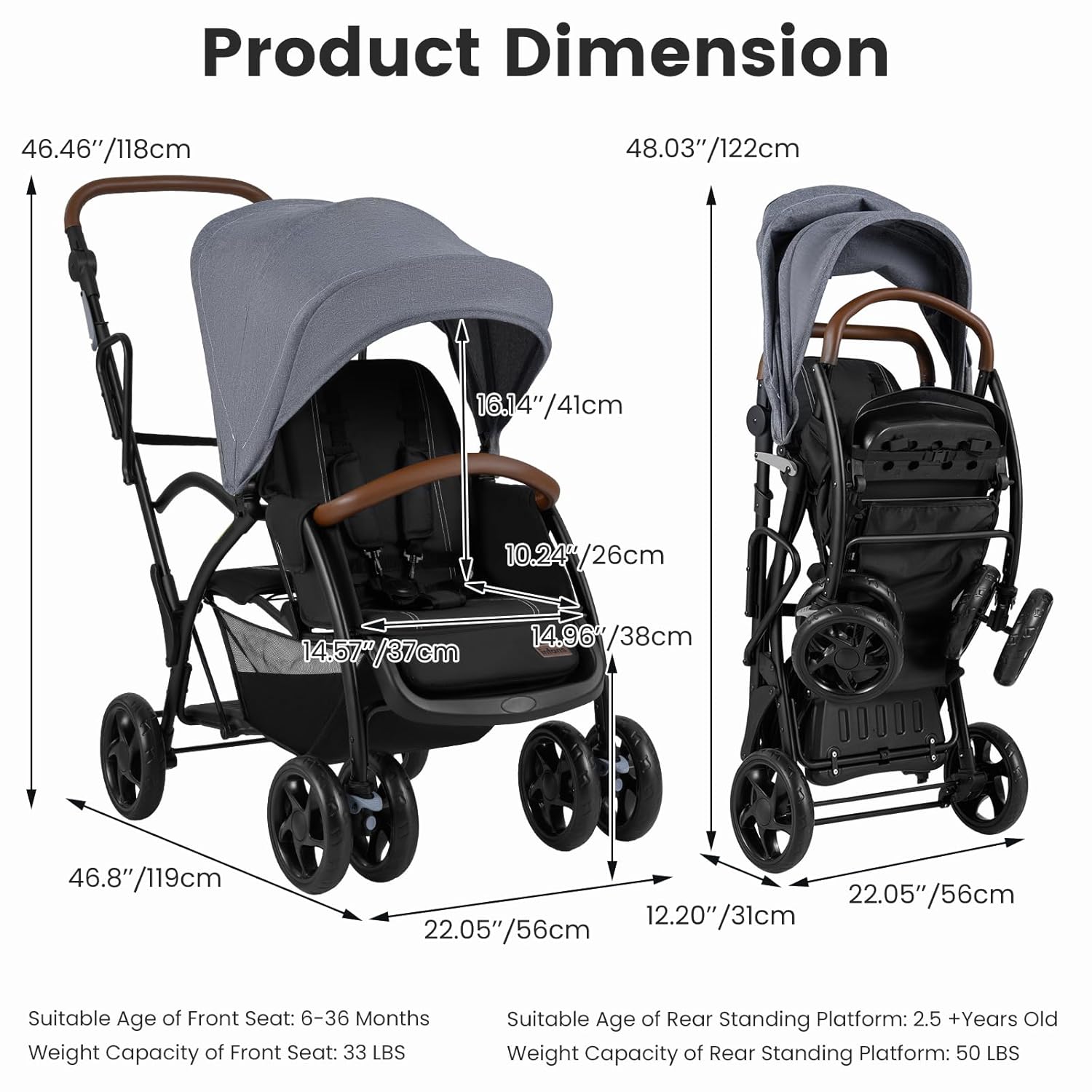 INFANS Double Stroller with Leather Handle, Front Seat 2-Position Recline, Baby Pushchair for Toddlers
