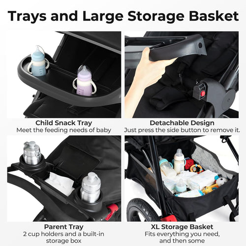INFANS Jogging Stroller, Jogger Travel System with Shock Absorbing Suspension Dining Plate Cup Holder Adjustable Backrest