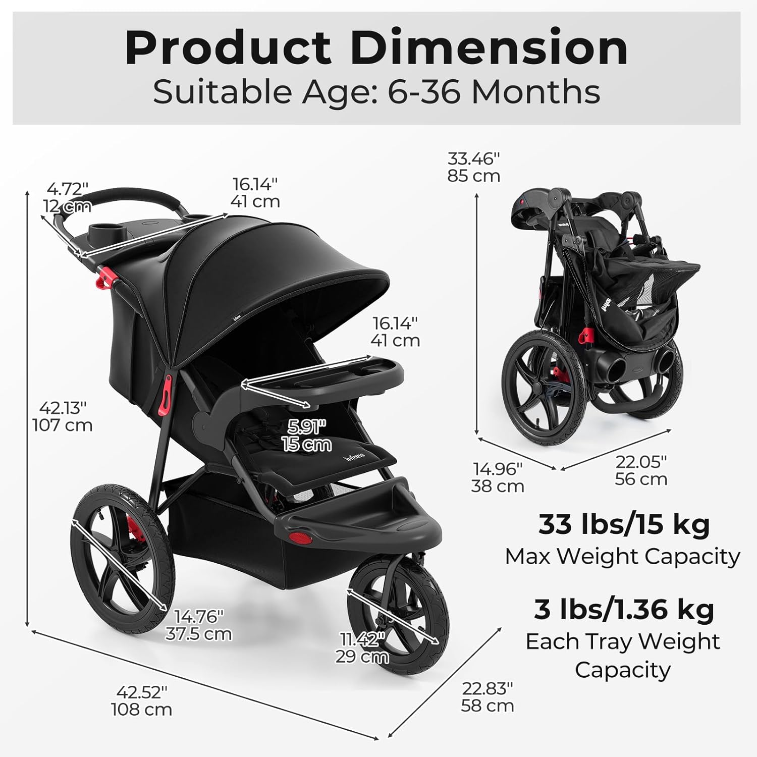 INFANS Jogging Stroller, Jogger Travel System with Shock Absorbing Suspension Dining Plate Cup Holder Adjustable Backrest
