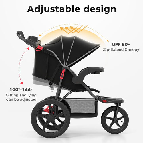 INFANS Jogging Stroller, Jogger Travel System with Shock Absorbing Suspension Dining Plate Cup Holder Adjustable Backrest