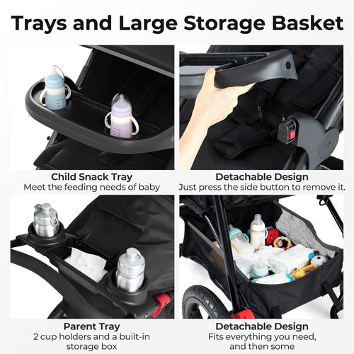 INFANS Jogging Stroller, Jogger Travel System with Shock Absorbing Suspension Dining Plate Cup Holder Adjustable Backrest