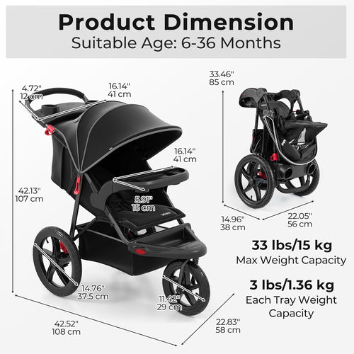 INFANS Jogging Stroller, Jogger Travel System with Shock Absorbing Suspension Dining Plate Cup Holder Adjustable Backrest