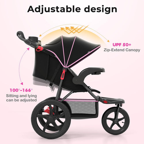 INFANS Jogging Stroller, Jogger Travel System with Shock Absorbing Suspension Dining Plate Cup Holder Adjustable Backrest