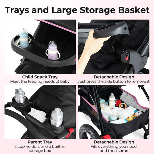 INFANS Jogging Stroller, Jogger Travel System with Shock Absorbing Suspension Dining Plate Cup Holder Adjustable Backrest