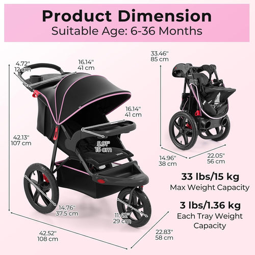 INFANS Jogging Stroller, Jogger Travel System with Shock Absorbing Suspension Dining Plate Cup Holder Adjustable Backrest