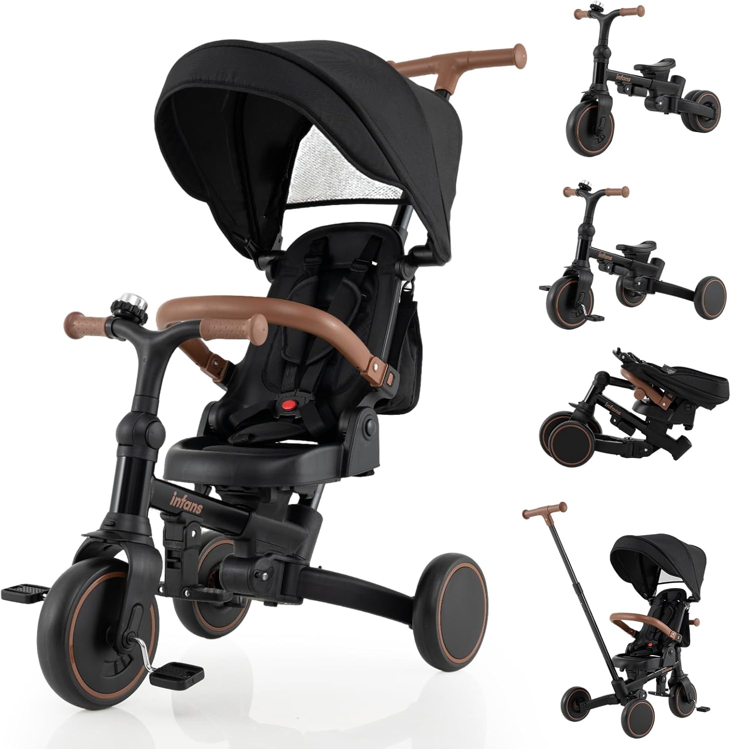 OLAKIDS 9-in-1 Foldable Toddlers Tricycle, Converts Stroller to Balance Bike with Adjustable Push Handle for 1-6 Years