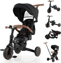 OLAKIDS 9-in-1 Foldable Toddlers Tricycle, Converts Stroller to Balance Bike with Adjustable Push Handle for 1-6 Years
