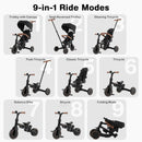 OLAKIDS 9-in-1 Foldable Toddlers Tricycle, Converts Stroller to Balance Bike with Adjustable Push Handle for 1-6 Years