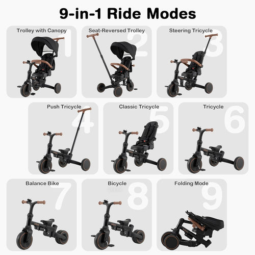 OLAKIDS 9-in-1 Foldable Toddlers Tricycle, Converts Stroller to Balance Bike with Adjustable Push Handle for 1-6 Years