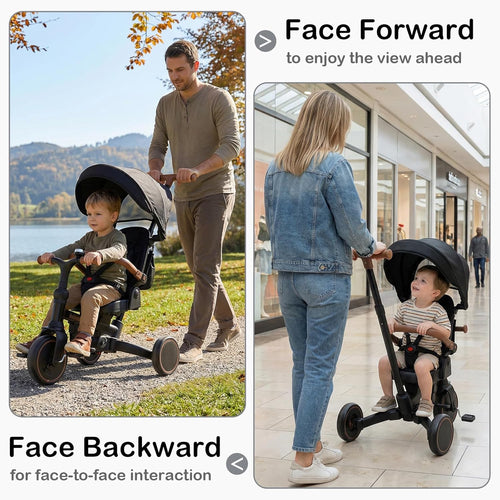 OLAKIDS 9-in-1 Foldable Toddlers Tricycle, Converts Stroller to Balance Bike with Adjustable Push Handle for 1-6 Years