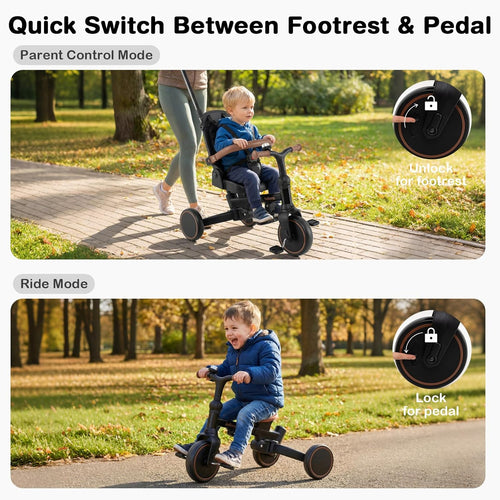OLAKIDS 9-in-1 Foldable Toddlers Tricycle, Converts Stroller to Balance Bike with Adjustable Push Handle for 1-6 Years