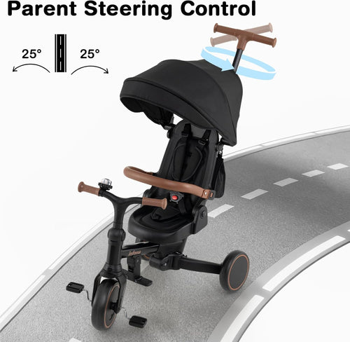 OLAKIDS 9-in-1 Foldable Toddlers Tricycle, Converts Stroller to Balance Bike with Adjustable Push Handle for 1-6 Years