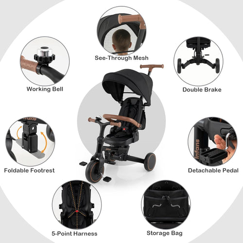 OLAKIDS 9-in-1 Foldable Toddlers Tricycle, Converts Stroller to Balance Bike with Adjustable Push Handle for 1-6 Years