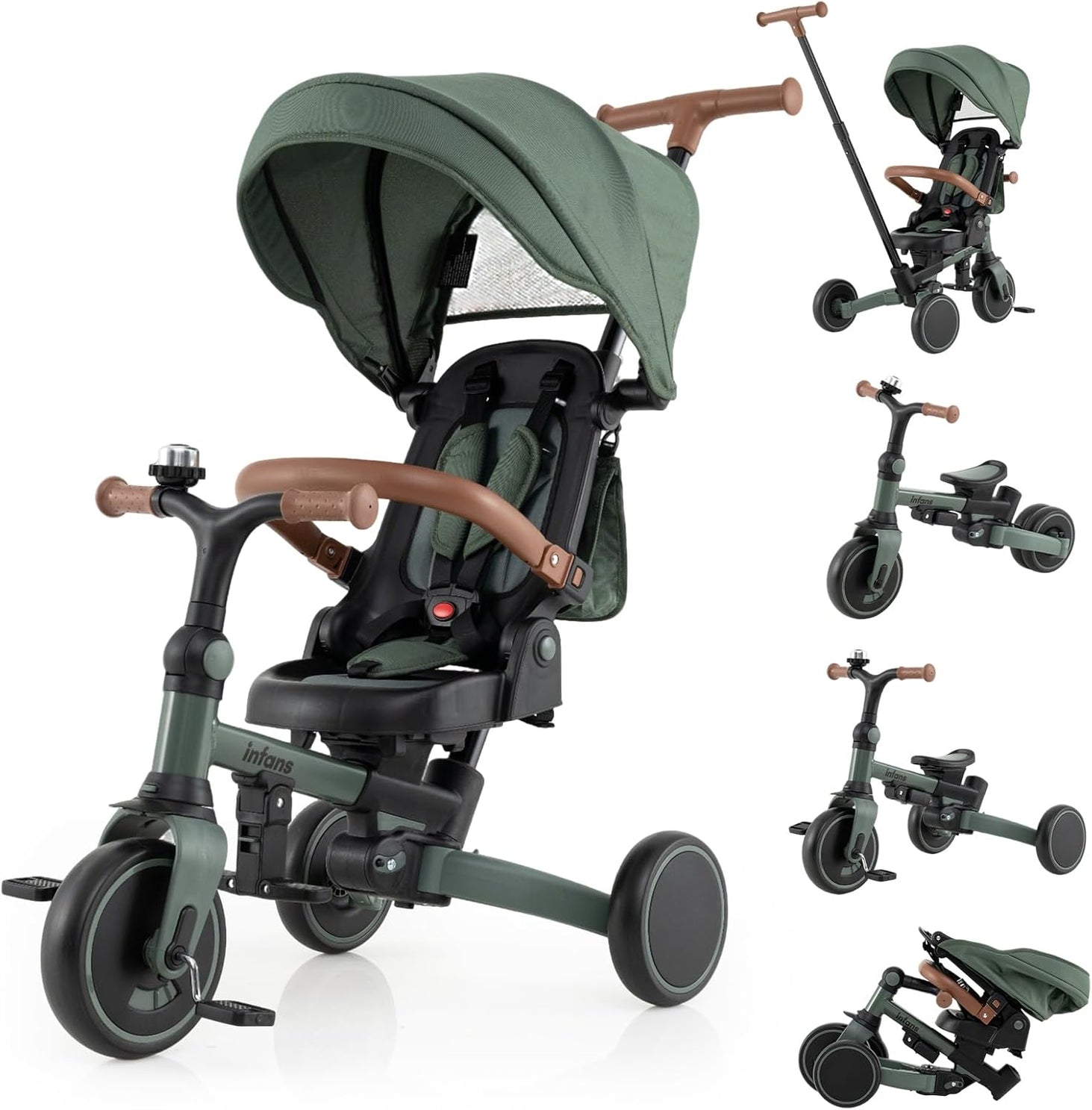 OLAKIDS 9-in-1 Foldable Toddlers Tricycle, Converts Stroller to Balance Bike with Adjustable Push Handle for 1-6 Years