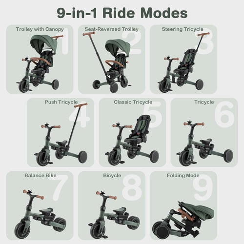 OLAKIDS 9-in-1 Foldable Toddlers Tricycle, Converts Stroller to Balance Bike with Adjustable Push Handle for 1-6 Years