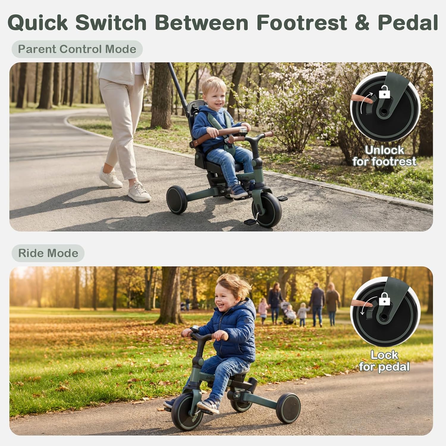 OLAKIDS 9-in-1 Foldable Toddlers Tricycle, Converts Stroller to Balance Bike with Adjustable Push Handle for 1-6 Years