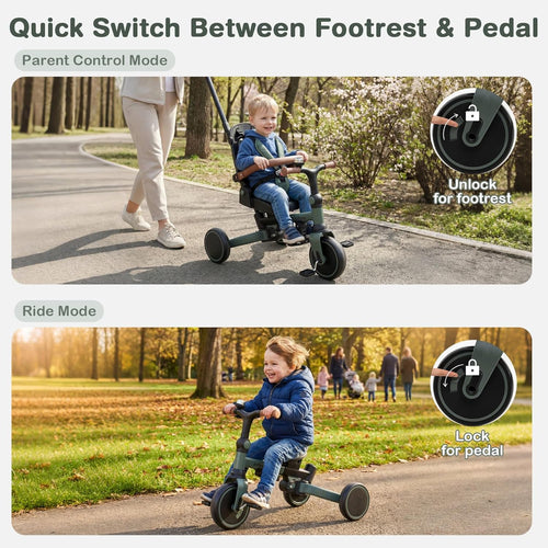 OLAKIDS 9-in-1 Foldable Toddlers Tricycle, Converts Stroller to Balance Bike with Adjustable Push Handle for 1-6 Years