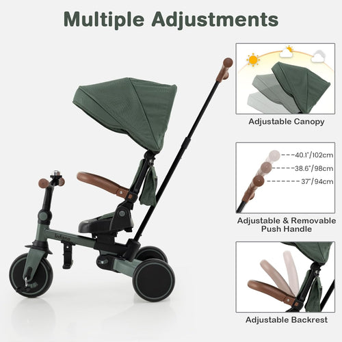 OLAKIDS 9-in-1 Foldable Toddlers Tricycle, Converts Stroller to Balance Bike with Adjustable Push Handle for 1-6 Years