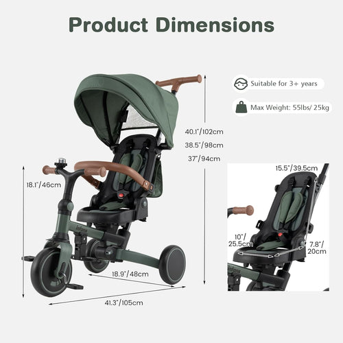 OLAKIDS 9-in-1 Foldable Toddlers Tricycle, Converts Stroller to Balance Bike with Adjustable Push Handle for 1-6 Years