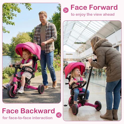 OLAKIDS 9-in-1 Foldable Toddlers Tricycle, Converts Stroller to Balance Bike with Adjustable Push Handle for 1-6 Years